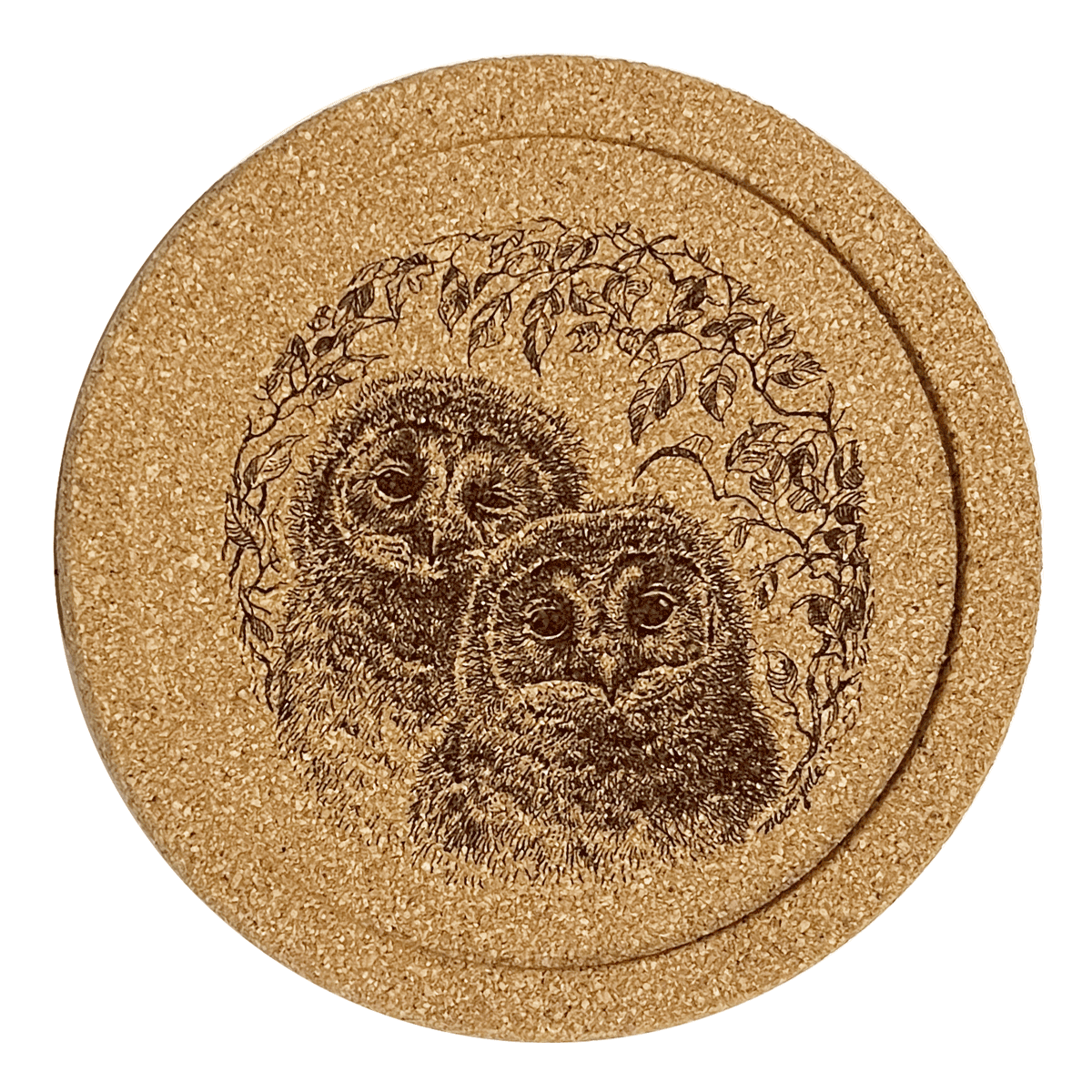 レーザー彫刻コルク製コースター・フクロウのヒナ – いきもの細密画